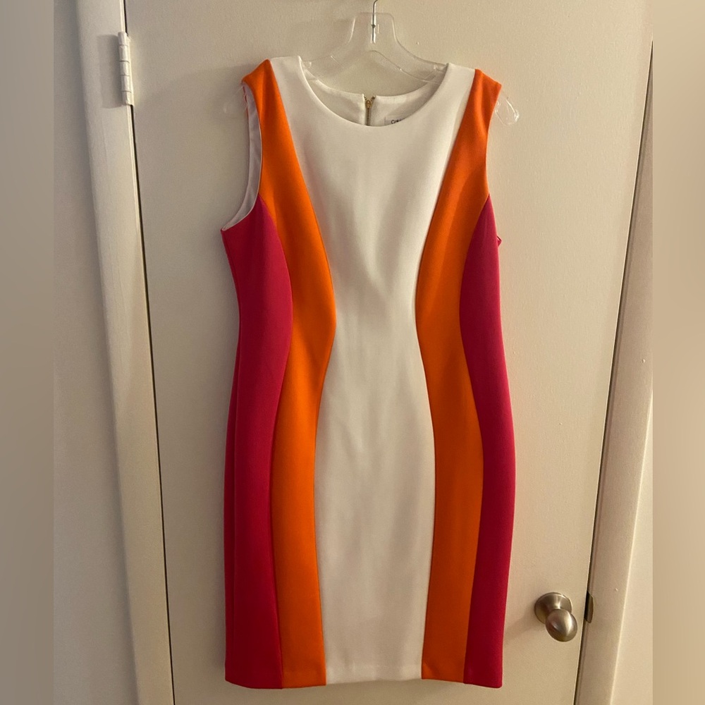 Calvin Klein White and Cream Sheath Midi Dress Sleeveless Crew Neck
